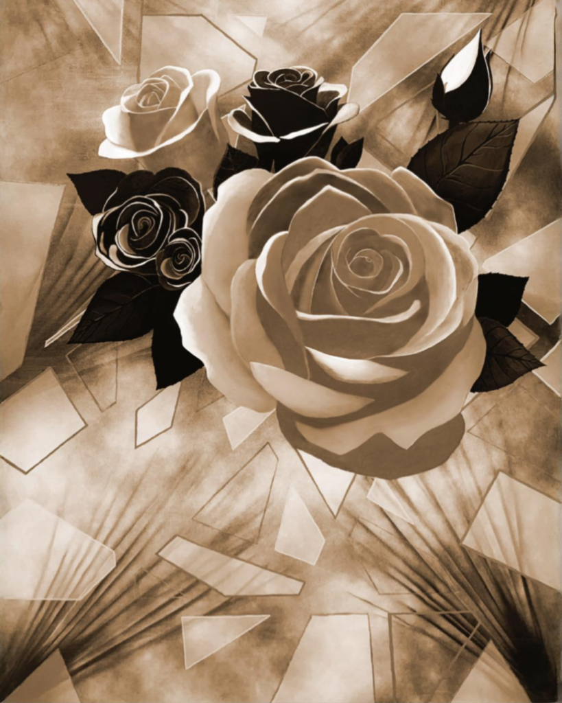Geometric Blossom digital artwork with cream and black roses, geometric shapes and abstract background