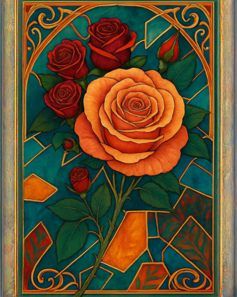 geometric blossom digital artwork with orange roses and geometric shapes