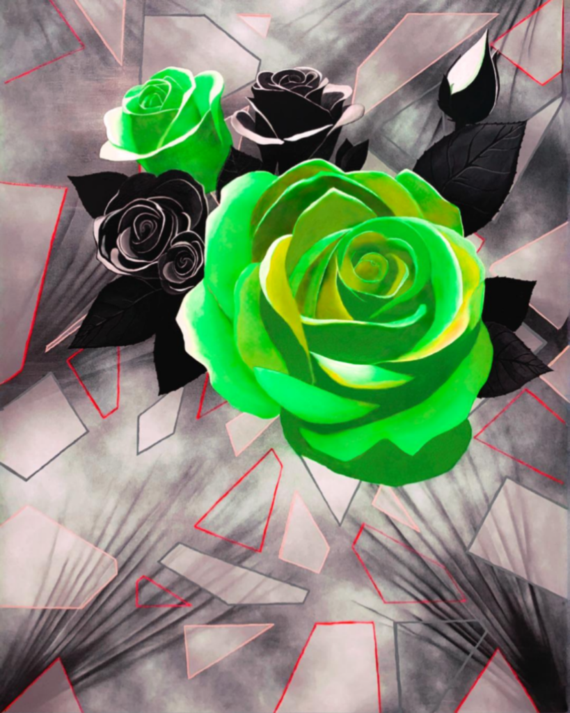 Geometric Blossom digital artwork with vivid green and black roses, geometric shapes and abstract background