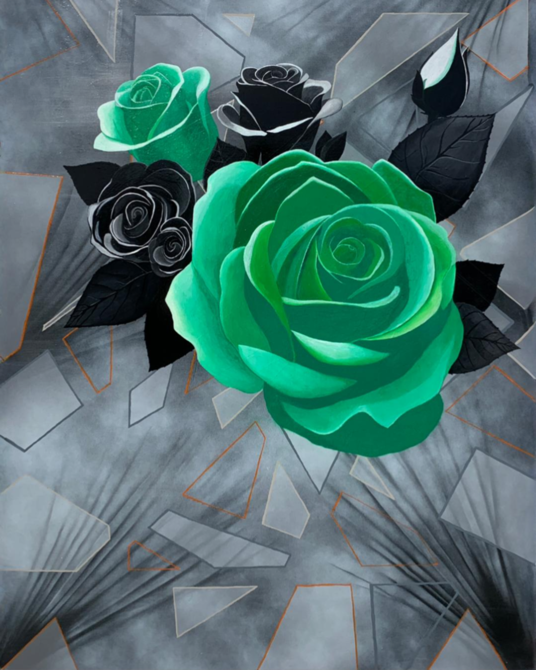 ABSTRACT GEOMETRIC SUREALIST ARTWORKS ROSES GREEN COLOURS AND FORMS 
